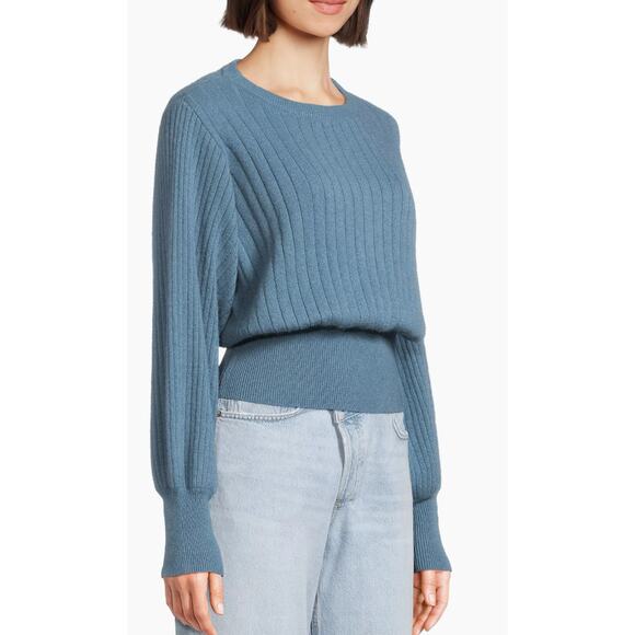 Crush. Cashmere Prague Blue Balloon Sleeve Ribbed Cashmere Sweater 1 S - Picture 2 of 11